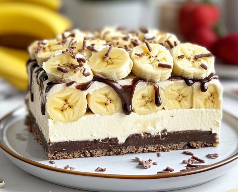 Bananensplit-Torte ohne Backen mit Banane und Schokoladensauce