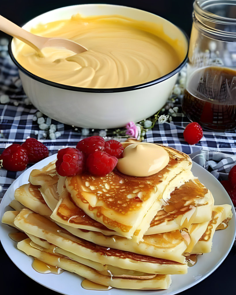 Quark-Pfannkuchen mit Vanillepudding aus der Pfanne