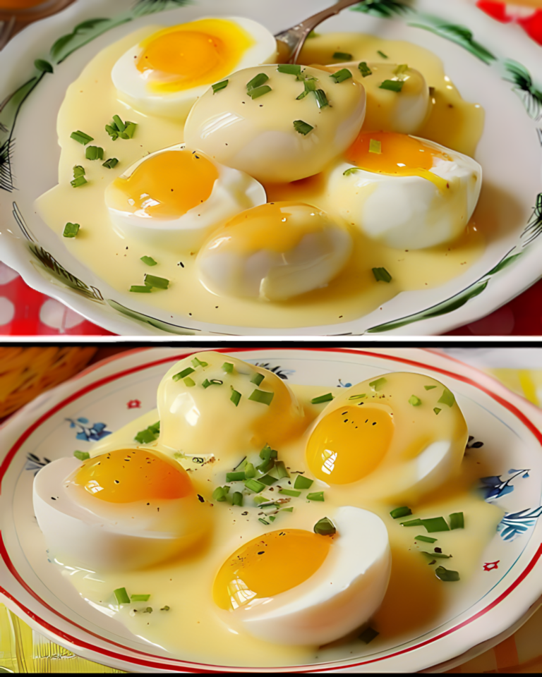 Halbierte Eier in cremiger Senfsauce mit Petersilie