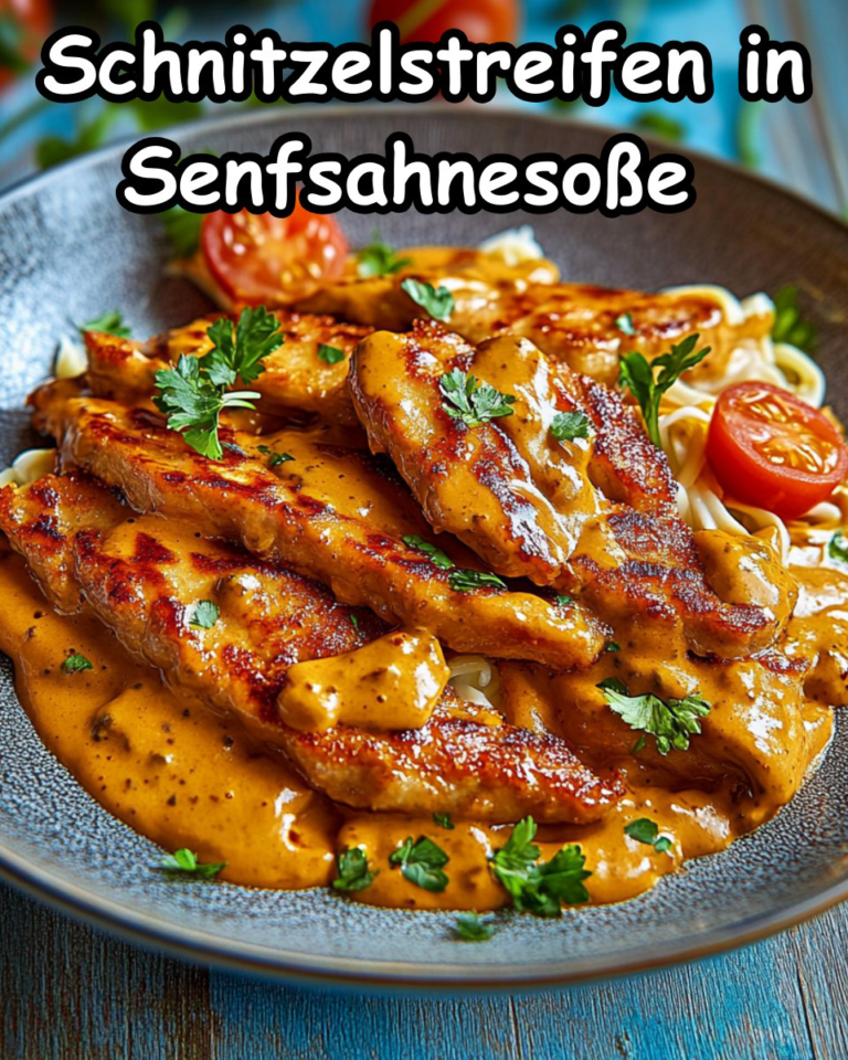 Schnitzelstreifen in cremiger Senfsahnesoße