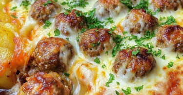 Saftiger Hackbällchen-Auflauf mit cremigen Kartoffeln