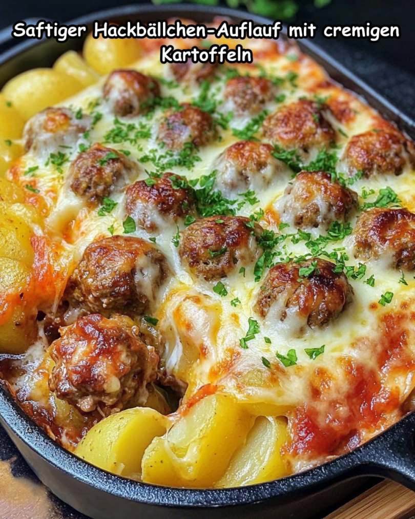 Saftiger Hackbällchen-Auflauf mit cremigen Kartoffeln