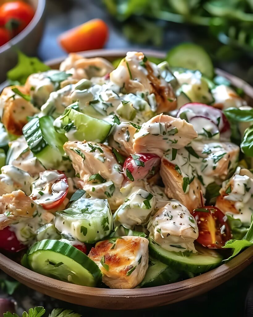 Griechischer Hähnchensalat mit Gurke, Tomaten und Tzatziki