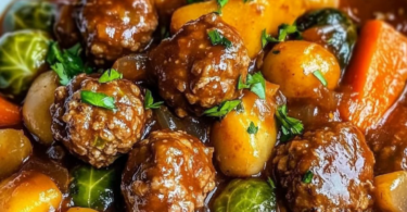 Deftiger Rosenkohleintopf mit würzigen Hackbällchen und Gemüse