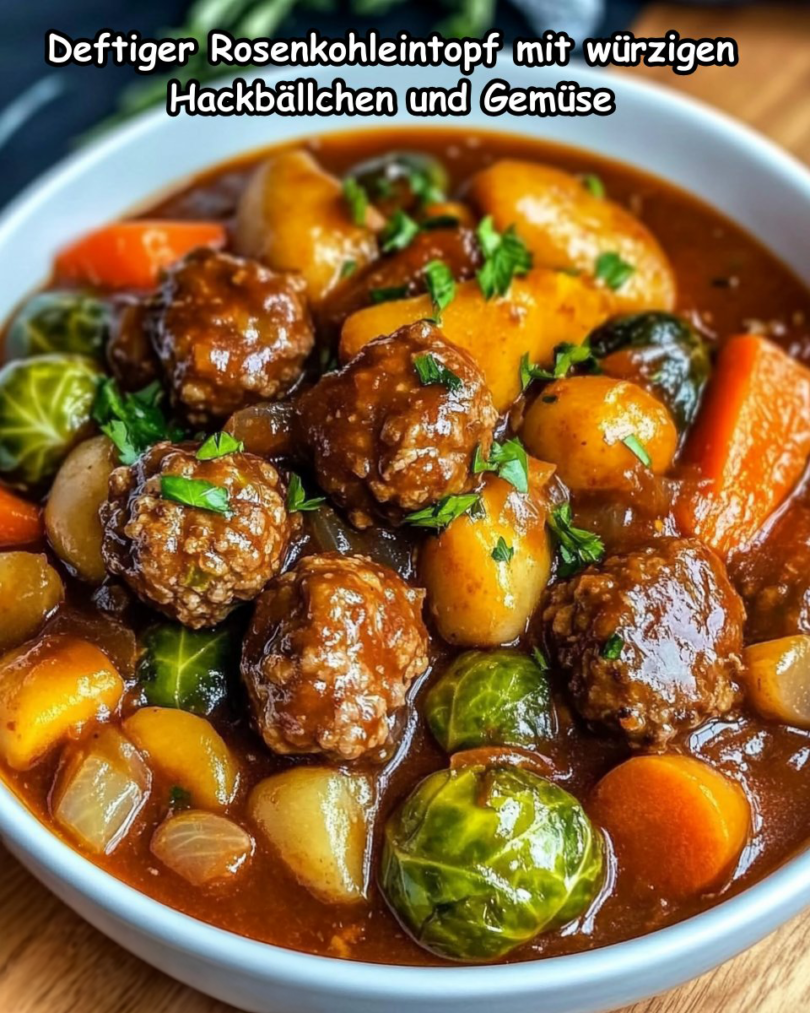 Deftiger Rosenkohleintopf mit würzigen Hackbällchen und Gemüse