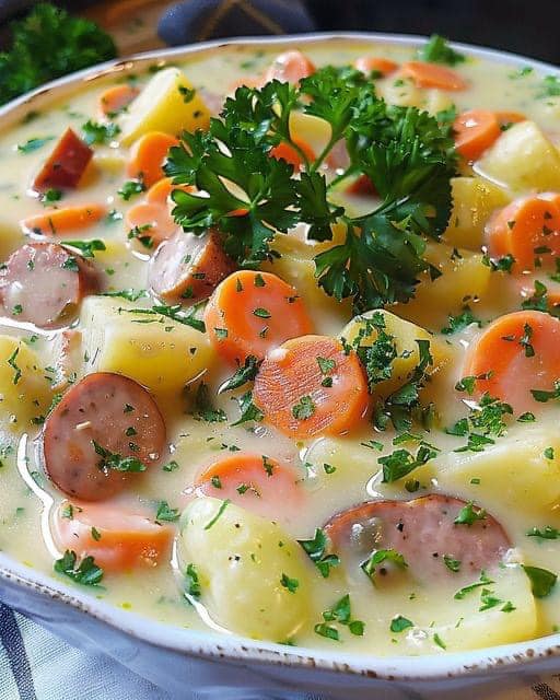 Herzhaft und deftig: Kohlrabi-Kartoffel-Eintopf mit Wiener Würstchen