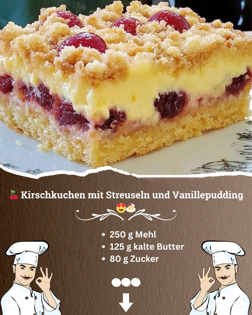 Kirsch-Pudding-Kuchen mit Streuseln: Ein Rezept wie von Oma