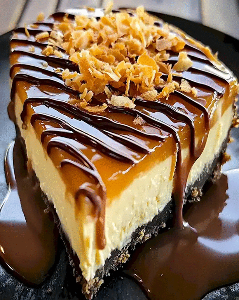 Samoa-Käsekuchen mit Karamell, Kokos und Schokolade