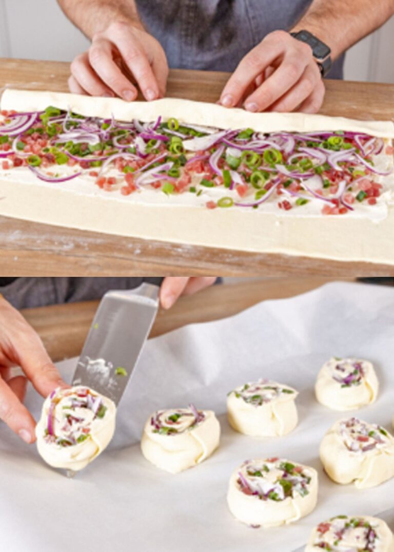 🧅🥓 Flammkuchen-Rolle mit Blätterteig – Knusprig, würzig & blitzschnell gemacht!