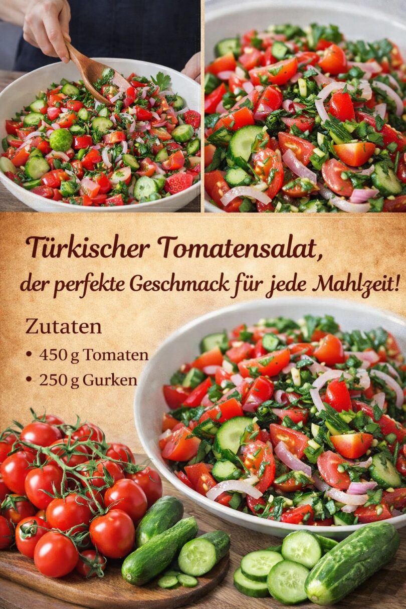 🥗 Türkischer Gurken-Tomaten-Salat mit Zwiebeln & Peperoni