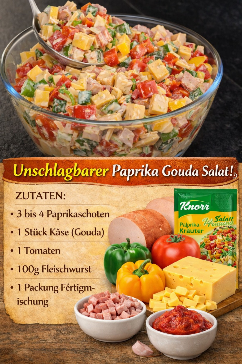 Mehr über den Artikel erfahren 🥗 Paprika-Gouda-Salat mit Fleischwurst – cremig, frisch & in nur 15 Minuten fertig!