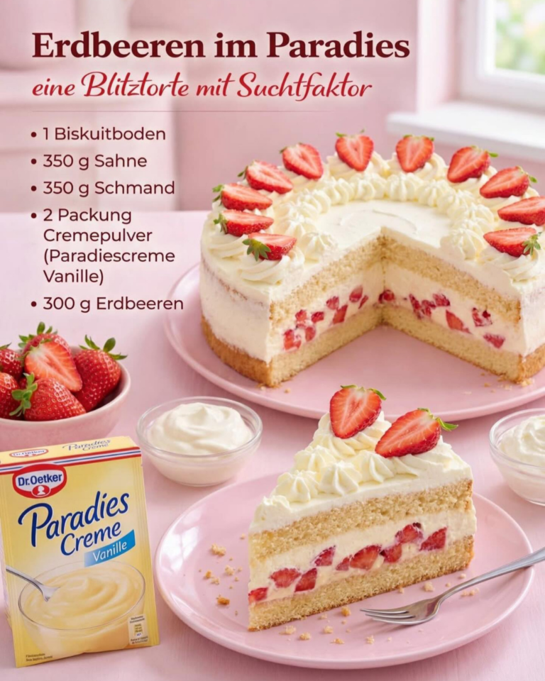 Erdbeer-Paradiestorte mit Vanillecreme und frischen Erdbeeren