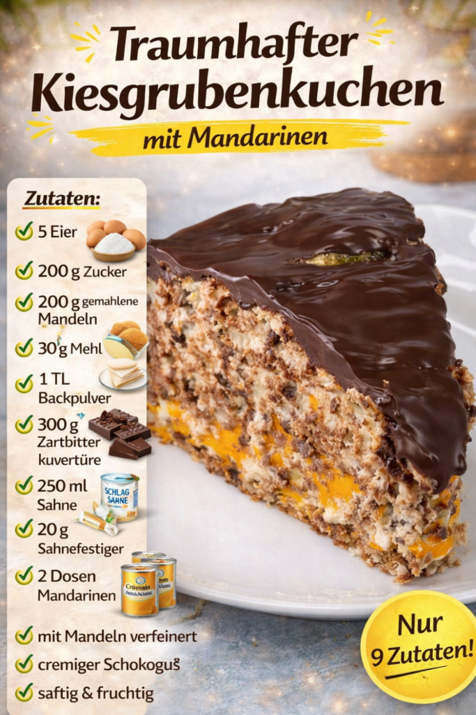Kiesgrubenkuchen mit Mandarinen und Schokoladenglasur