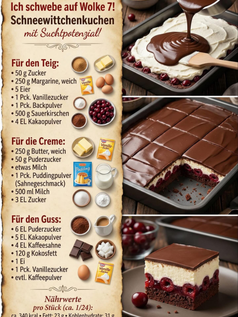 Schneewittchenkuchen vom Blech mit Kirschen und Schokoladenglasur