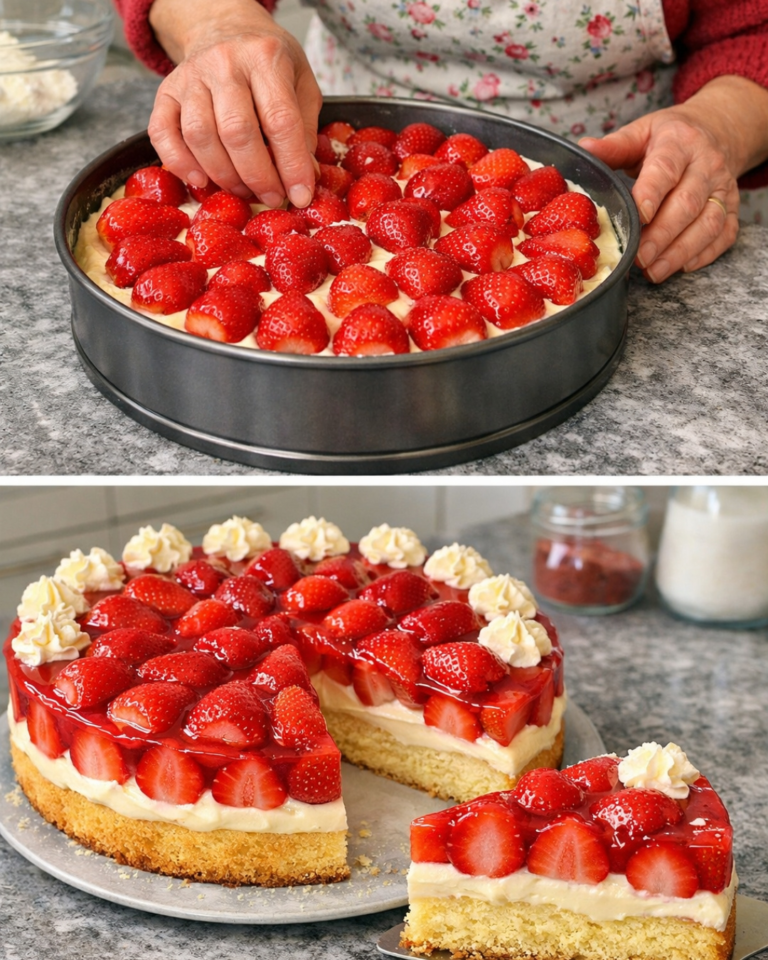 Erdbeerkuchen mit Vanillecreme und Biskuit