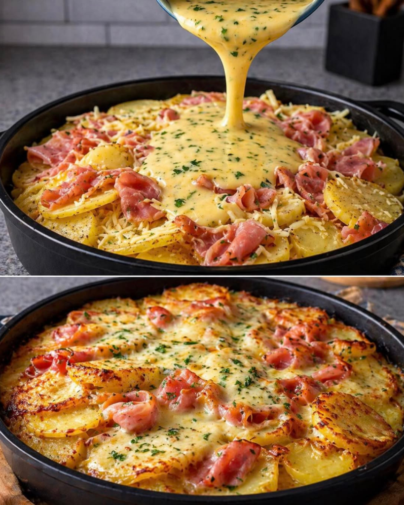 Kartoffelgratin mit dünnen Kartoffelscheiben, Schinkenstreifen und goldbrauner Käsekruste; darüber die Vorbereitung mit Sahnemischung.