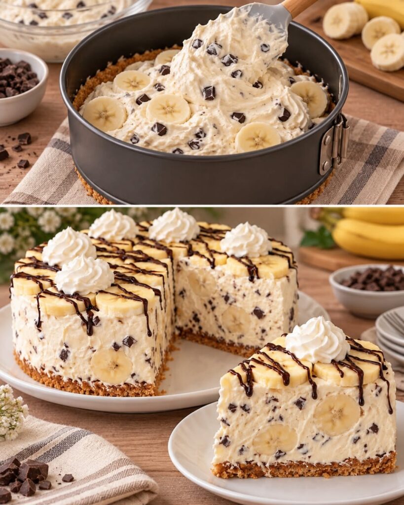 Banana-Split-Käsekuchen ohne Backen mit Bananen, Sahnetupfen und Schokolade