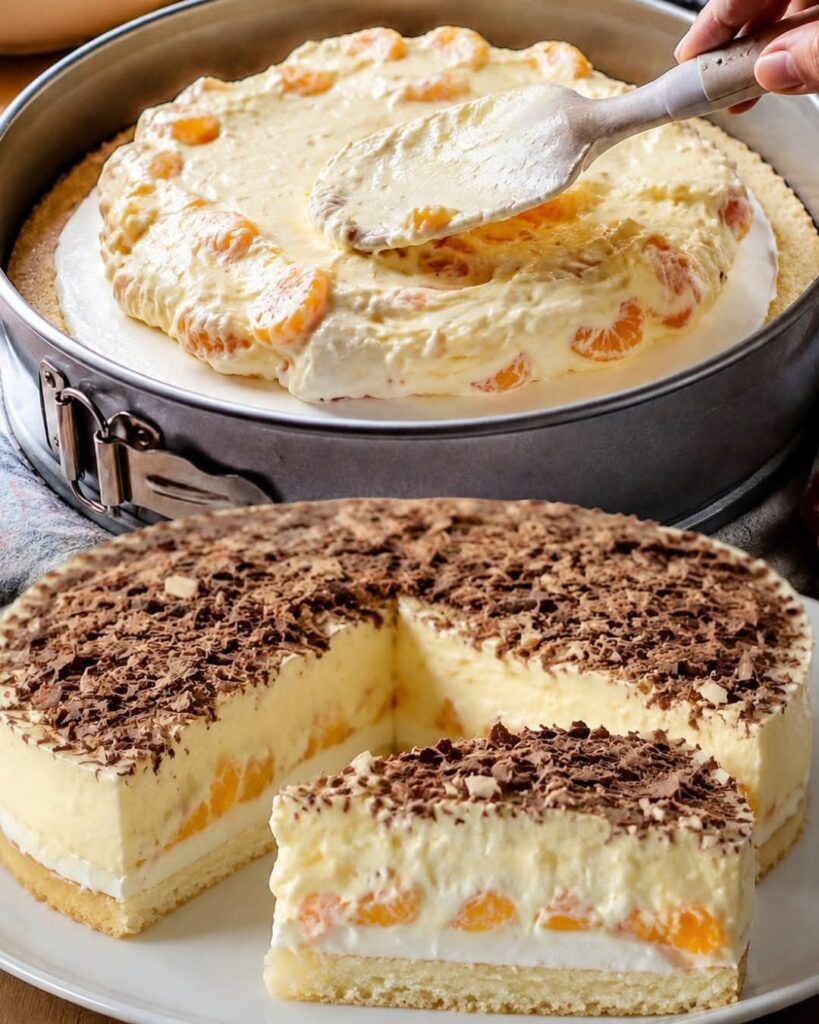 Calypso-Torte mit Mandarinen, Quark-Sahne-Creme und Schokoraspeln