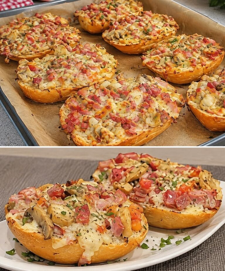 Überbackene Fernsehbrötchen mit Schinken, Champignons und Käse auf dem Blech