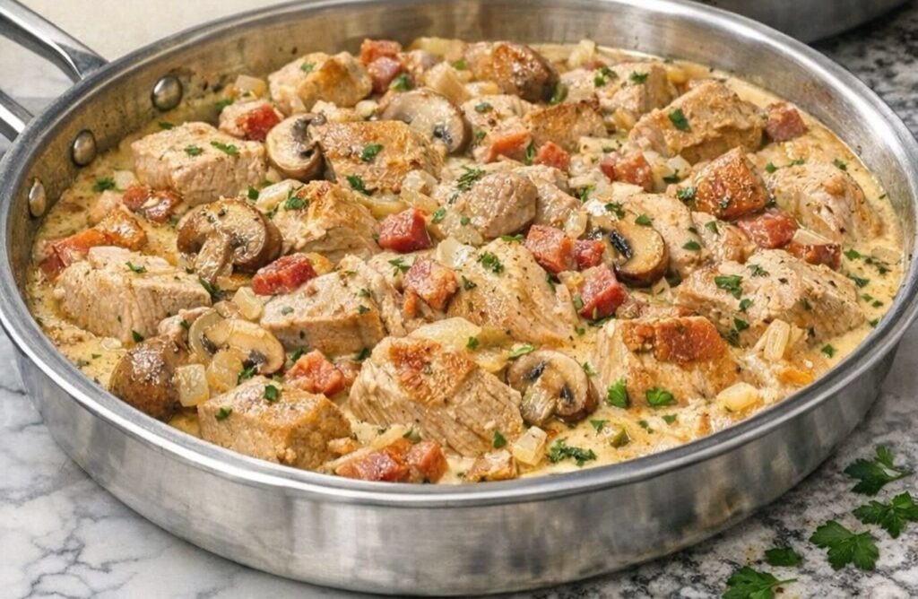 Filettopf mit Schweinefilet, Champignons und Sahnesoße in der Pfanne