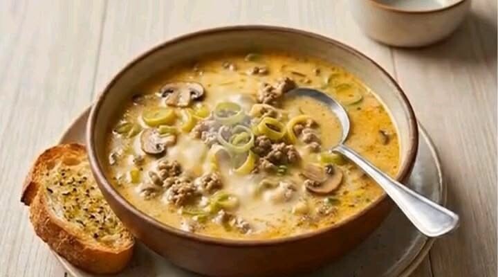 Friss-dich-dumm-Suppe mit Hackfleisch, Lauch und Champignons