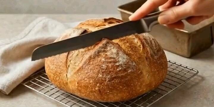 Klassisches Hausbrot wird auf dem Gitter angeschnitten