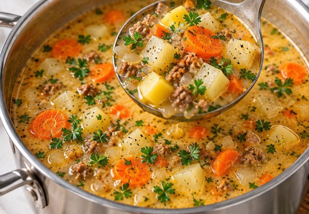 Kohlrabi-Hackfleisch-Suppe mit Kartoffeln und Karotten im Topf