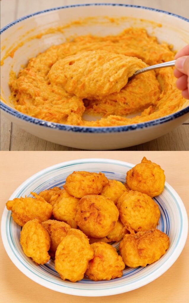 Teig für Kürbis-Parmesan-Bällchen und goldbraun frittierte Bällchen im Teller