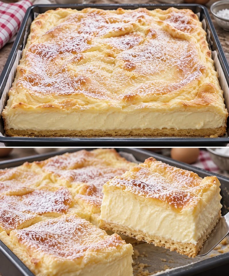 Quarkkuchen vom Blech mit Puderzucker, ein Stück wird herausgehoben