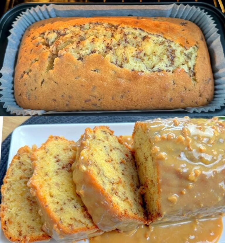 Saftiger Nusskuchen in der Kastenform und in Scheiben geschnitten mit Guss