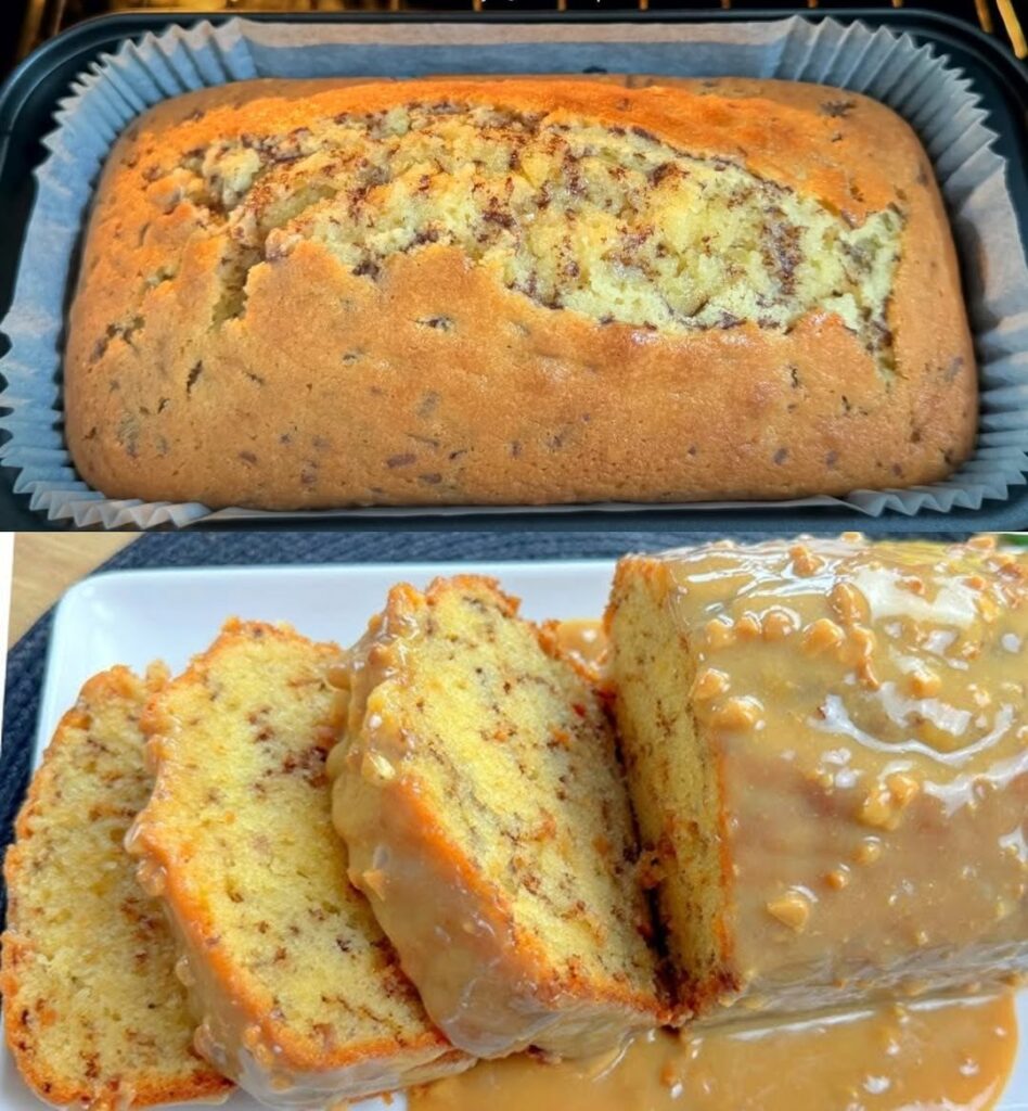 Saftiger Nusskuchen in der Kastenform und in Scheiben geschnitten mit Guss
