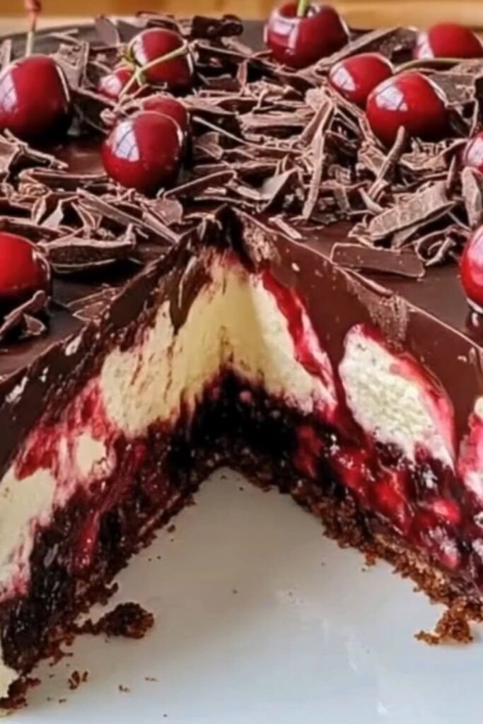 Angeschnittene Schoko-Kirsch-Cremetorte mit Schokoglasur und frischen Kirschen